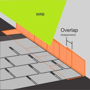 Detail drawing of a (WRB) Weather Resistant Barrier overlapping step flashings