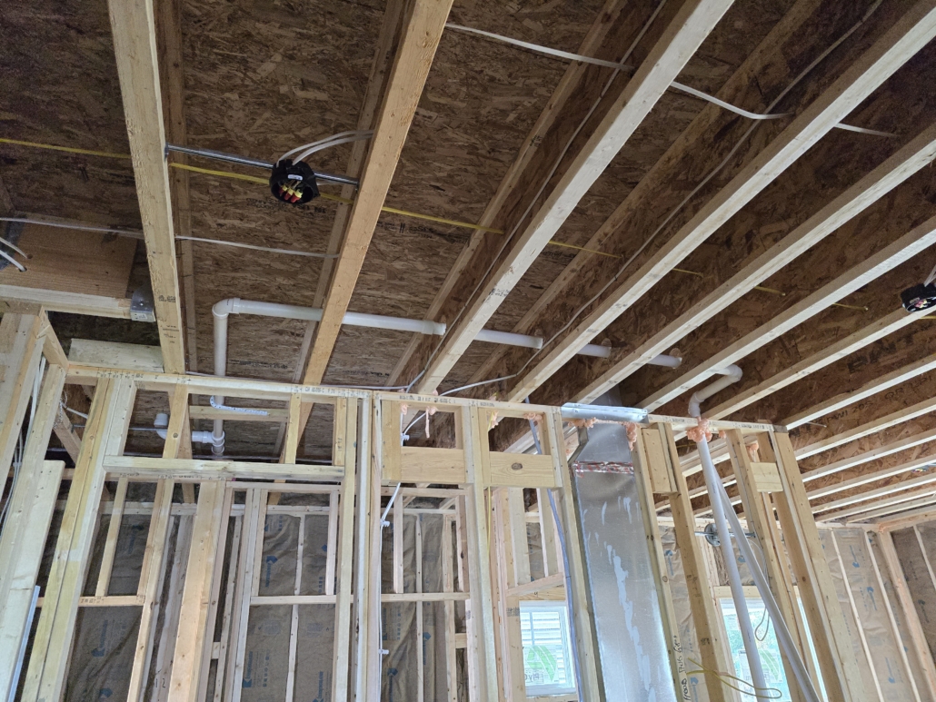 Wood framing of an interior wall of a house during construction