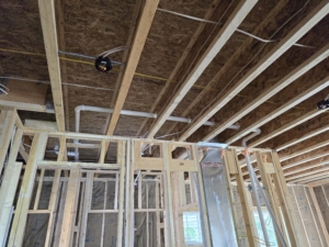 Wood framing of an interior wall of a house during construction